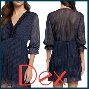 Dex Navy Polka Dot Ruffle/Pleated V-Neck 3/4 Sleeve Chiffon Mini Dress (XS)